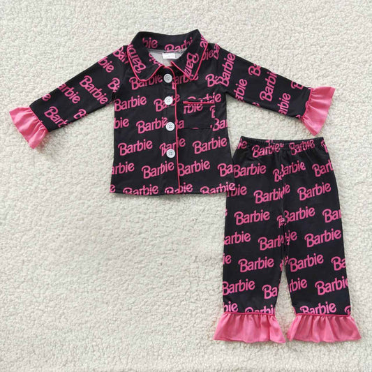 GLP0654 Pink BA black print girls ruffles button pajamas