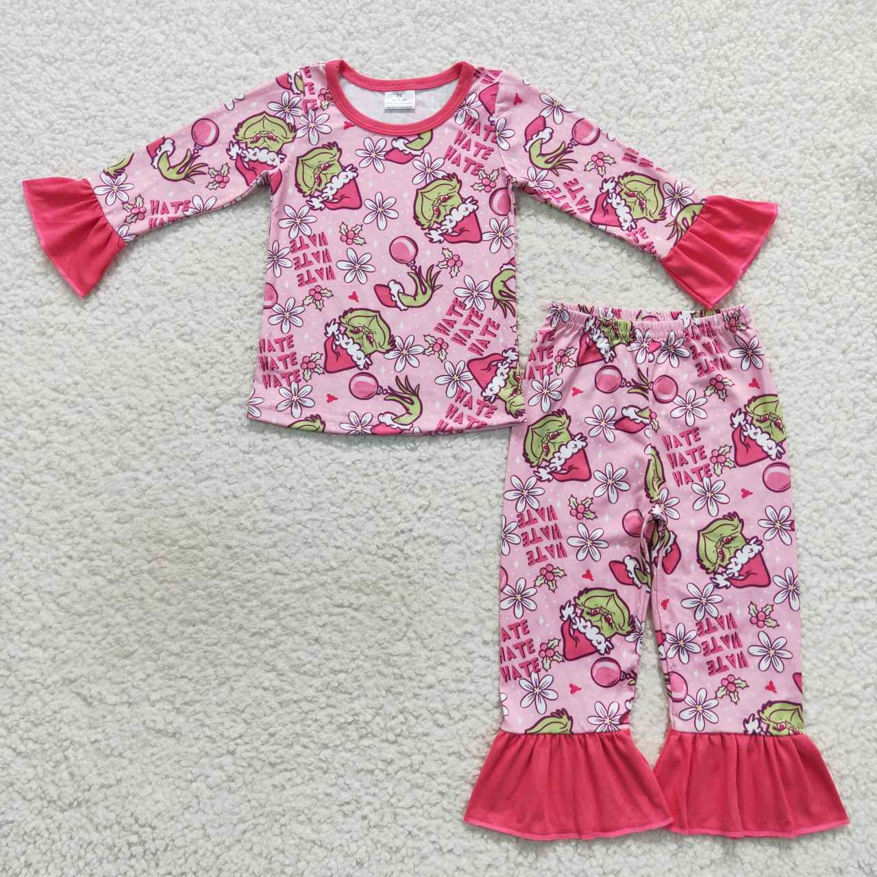 GLP0656 Pink Christmas frog and flowers print girls pajamas clothes set