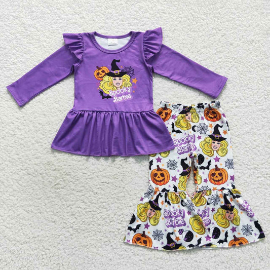 GLP0659 Spooky purple BA pumpkin print bell pants girls Halloween clothes set