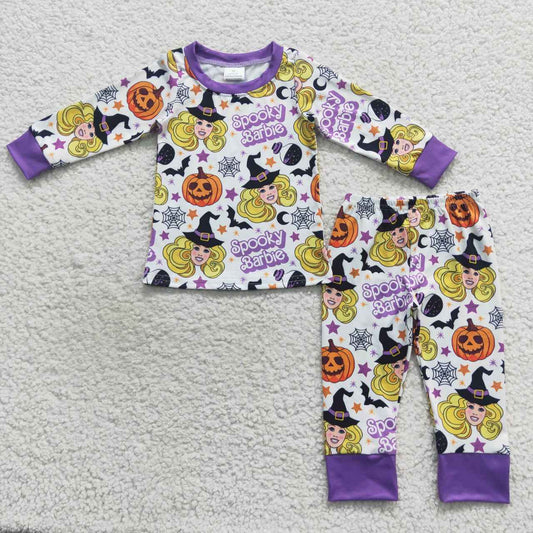 GLP0661 Spooky purple BA pumpkin print girls Halloween pajamas clothes set