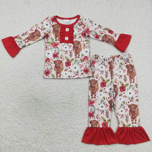 GLP0665 Highland cow red flowers print baby girls pajamas western clothes set