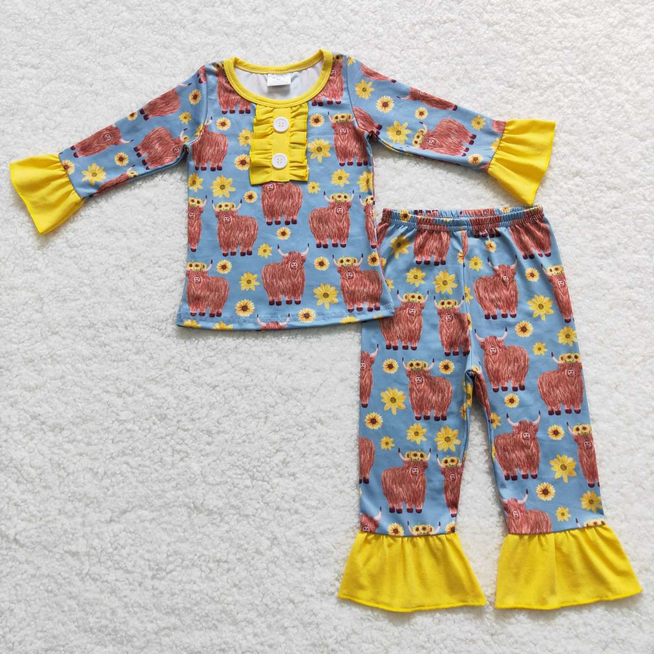 (Promotion)GLP0670 Highland cow sunflowers print girls pajamas clothes set