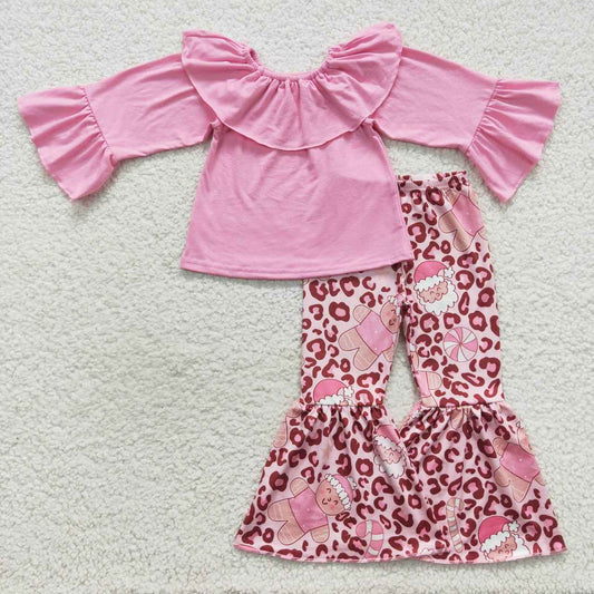 GLP0673 Pink cotton top leopard gingersnap and Santa print bell pants girls Christmas clothes set