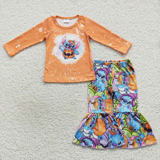 GLP0677 Orange cartoon animal with pumpkin print girls bell pants Halloween clothes set