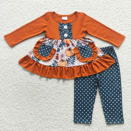 GLP0682 Pumpkin pockets tunic top legging pants girls fall clothes set