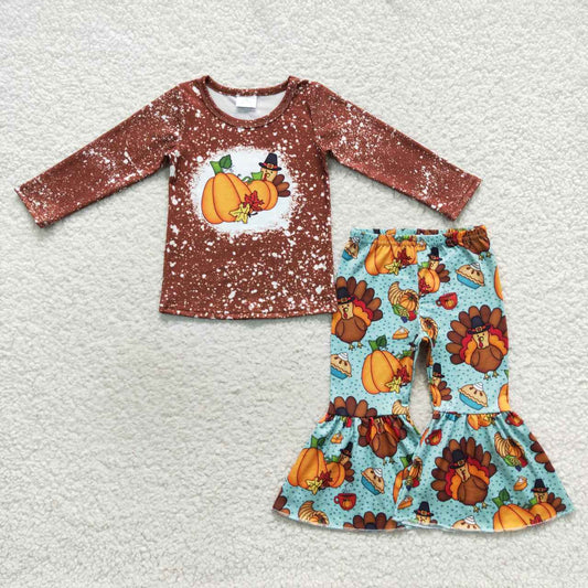 GLP0683 Turkey pumpkin print girls bell pants Thanksgiving clothes set