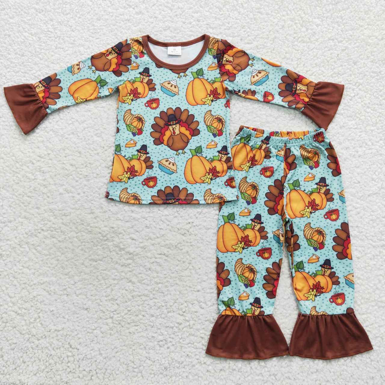 GLP0684 Turkey pumpkin print girls Thanksgiving pajamas clothes set