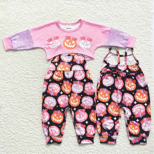 GLP0686 Purple pumpkin flowers print girls Halloween jumpsuit clothes set