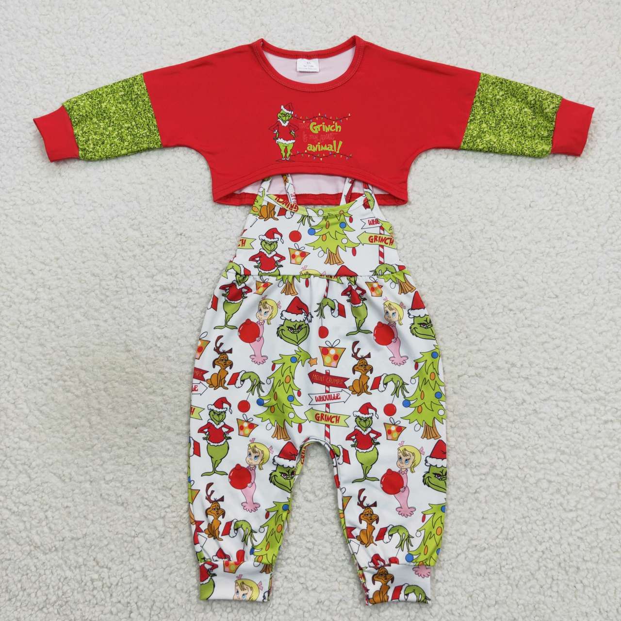 GLP0687 Christmas green frog print girls jumpsuit clothes set