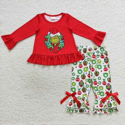 GLP0690 Christmas green frog print girls ruffles pants clothes set