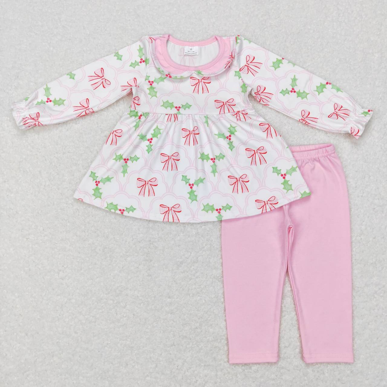 GLP0692 Christmas Pink Bows Print Tunic Top Legging Pants Girls Clothes Set