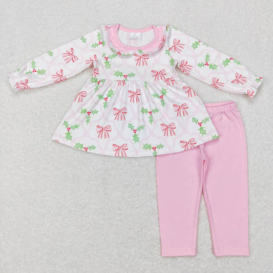 GLP0692 Christmas Pink Bows Print Tunic Top Legging Pants Girls Clothes Set