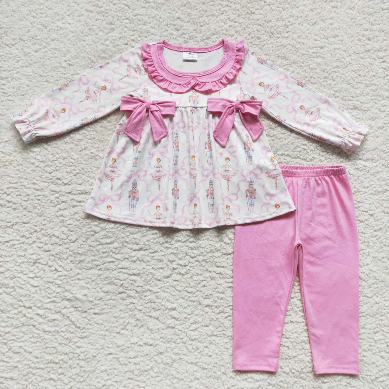 GLP0693 Pink Christmas soldier print tunic bows top legging pants girls clothes set