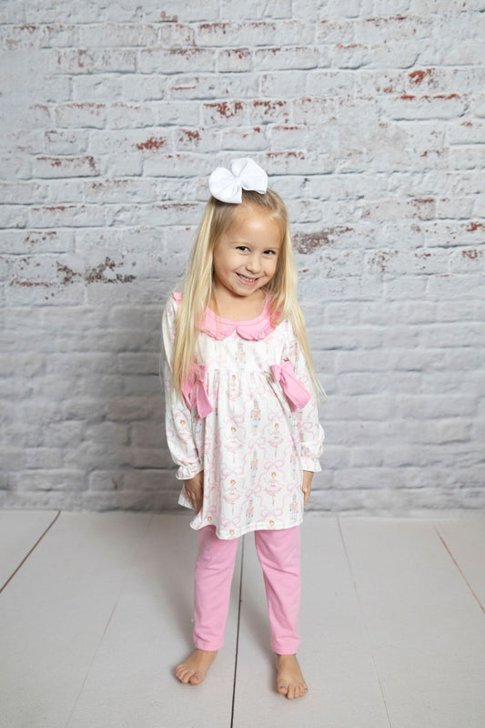 GLP0693 Pink Christmas soldier print tunic bows top legging pants girls clothes set