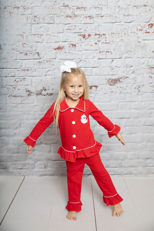 GLP0699 Red Christmas Santa Embroidery Print Cotton Buttons Girls Pajamas Clothes Set