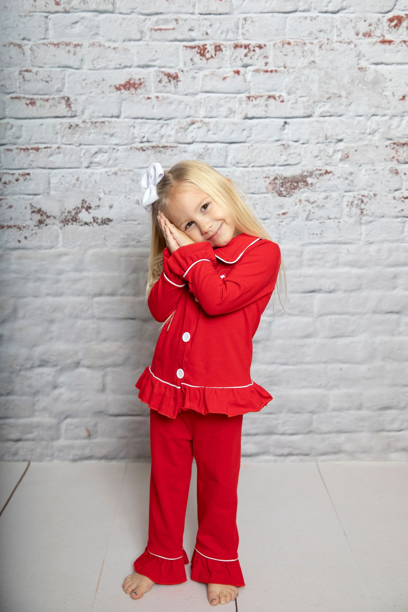 GLP0699 Red Christmas Santa Embroidery Print Cotton Buttons Girls Pajamas Clothes Set