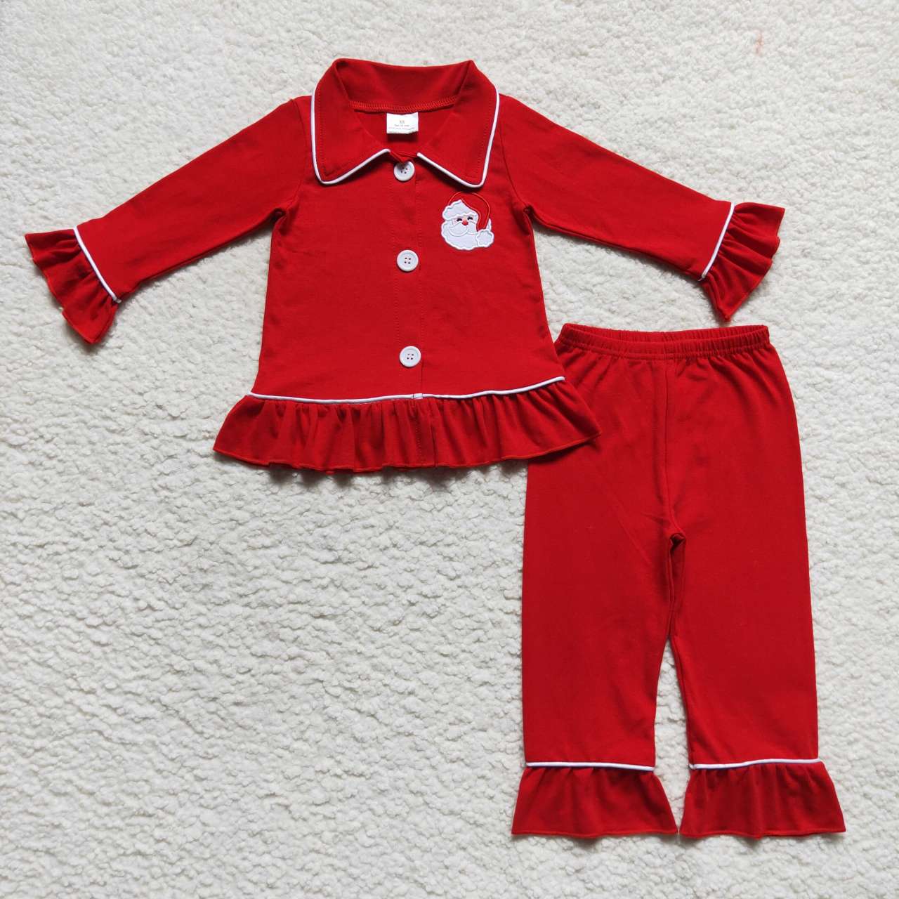 GLP0699 Red Christmas Santa Embroidery Print Cotton Buttons Girls Pajamas Clothes Set