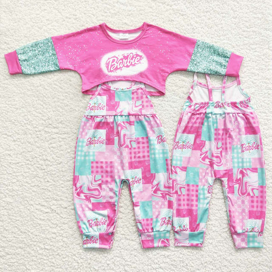 GLP0708 Pink BA plaid print girls jumpsuit clothes set