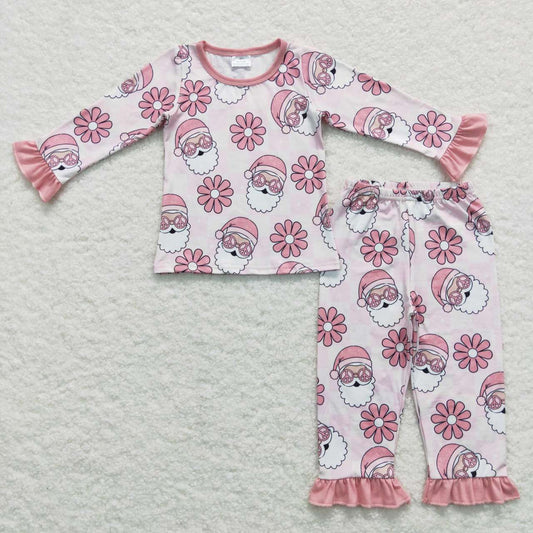 GLP0713 Pink Santa Flowers Girls Christmas Pajamas Clothes Set