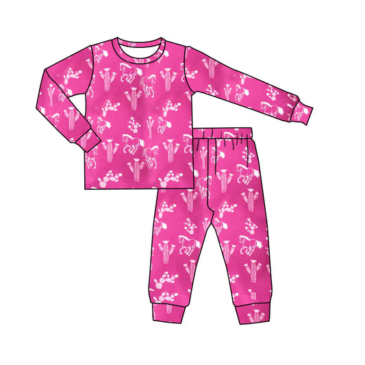 (Pre-order)GLP0715 Hot pink cactus horse print girls fall pajamas