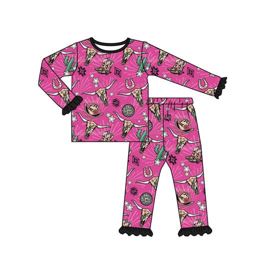 (Pre-order)GLP0716 Hot pink cactus cow skull print girls fall pajamas