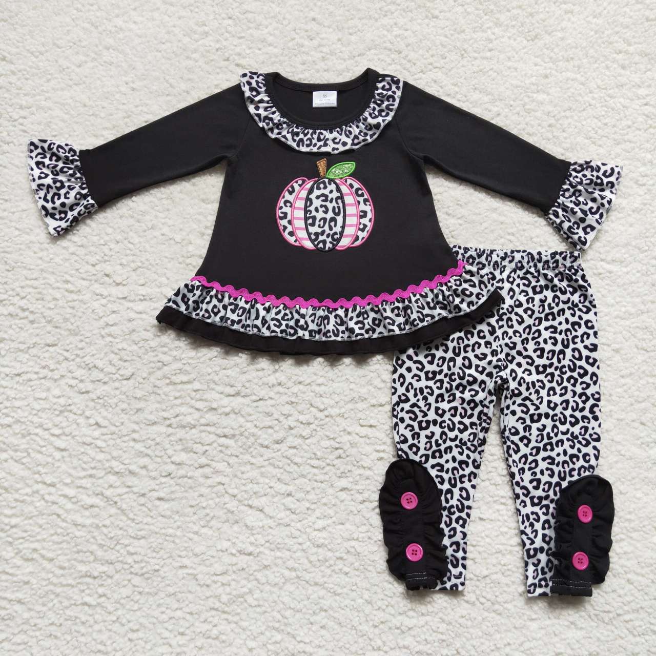 GLP0717 Pumpkin leopard embroidery print girls fall clothes set