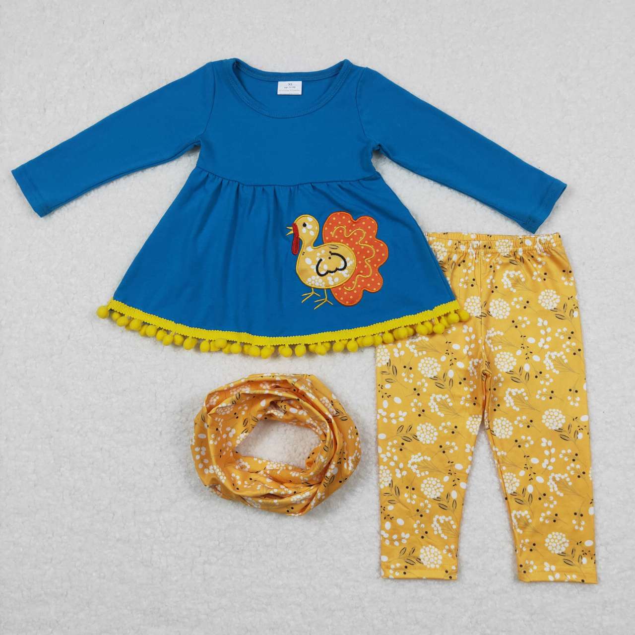 GLP0720 Blue Chicken Embroidery Print Tunic Top Mustard Floral Legging Pants Girls Fall 3 Pieces Clothes Set