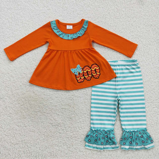 GLP0721 Boo embroidery orange tunic top stripes pants girls Halloween clothes set