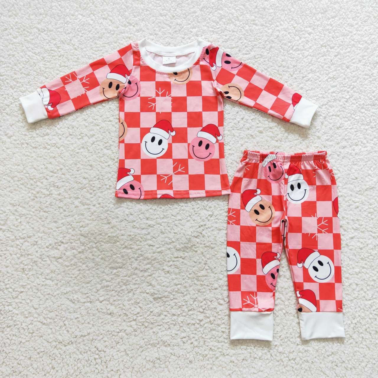 GLP0733 Red plaid smiling face print girls Christmas pajamas clothes set