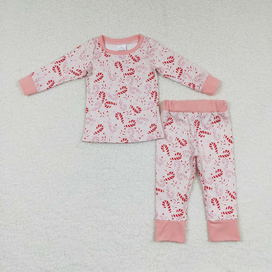 GLP0738 Pink Christmas Candy Cane Print Girls Pajamas Clothes Set