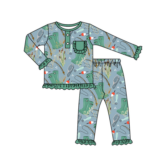 (Pre-order)GLP0748 Go fishing print girls pajamas clothes set