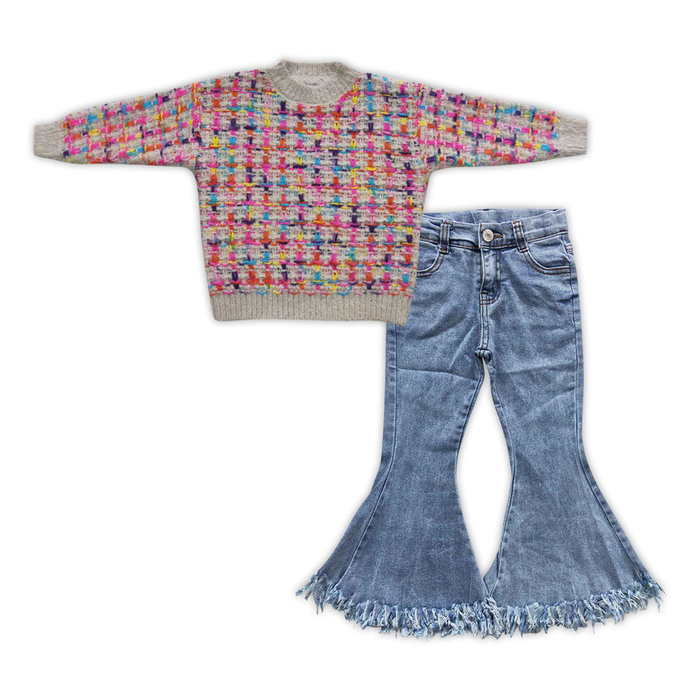 GLP0753 Colorful sweaters top blue denim bell jeans girls fall clothes set