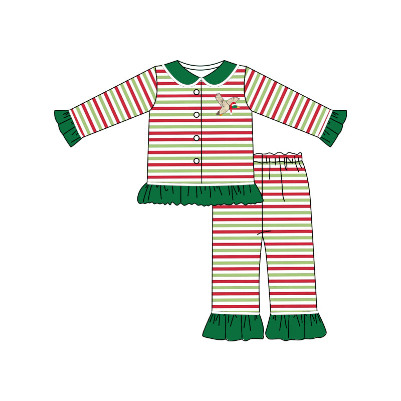 (Pre-order)GLP0754 Duck stripes print girls Christmas buttom pajamas clothes set