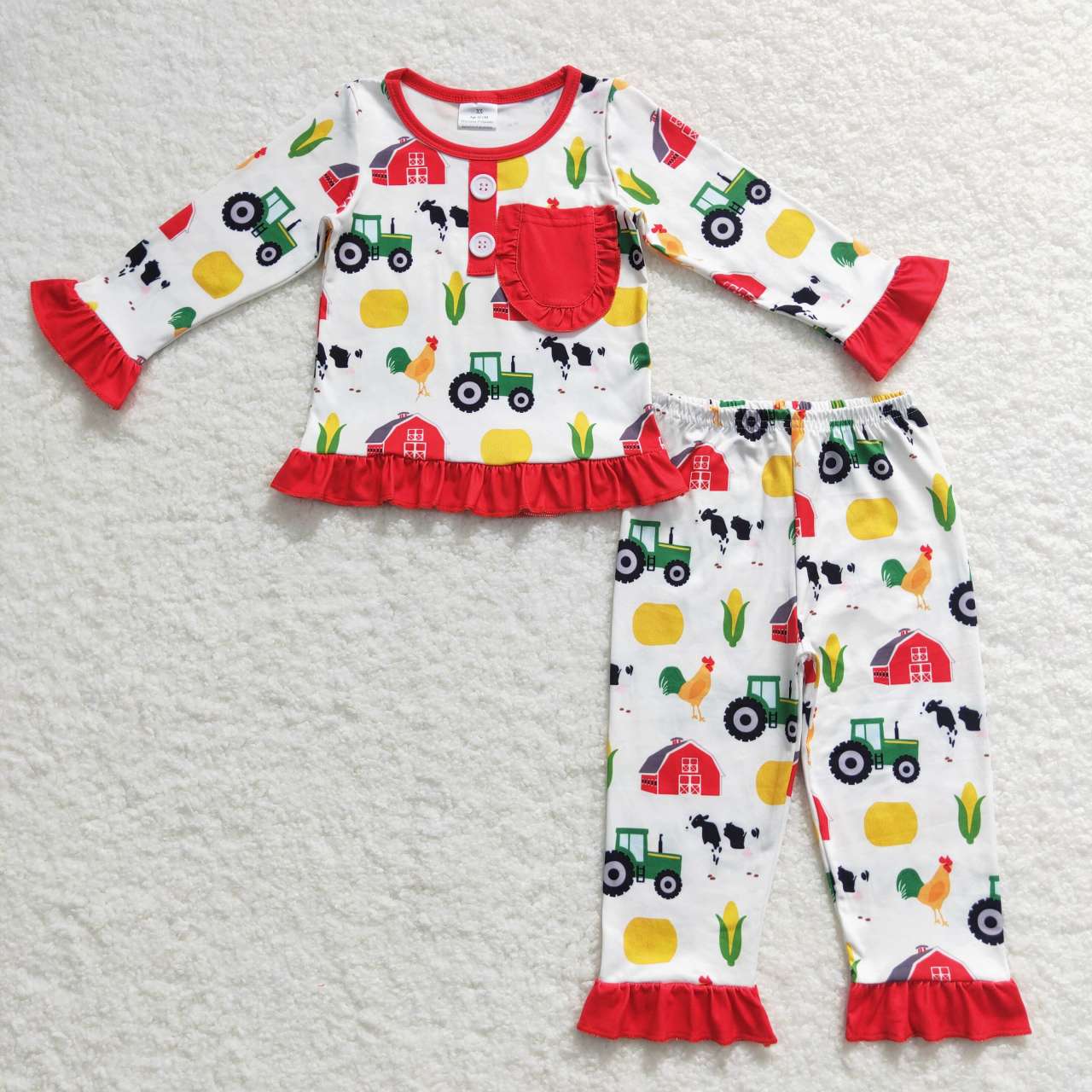 GLP0755 Red Farm Animals Print Girls Pajamas Clothes Set