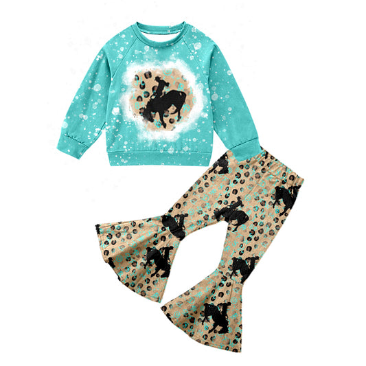 (Pre-order)GLP0759  Aqua Top Rodeo Leopard Print Bell Pants Girls Western Clothes Set