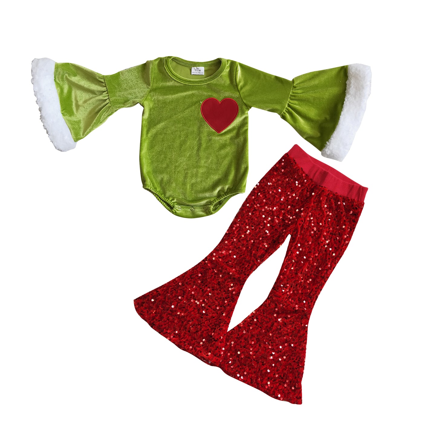 GLP0762 Baby Girls Green Heart Leotards Tops Red Sequin Bell Bottom Pants Clothes Sets