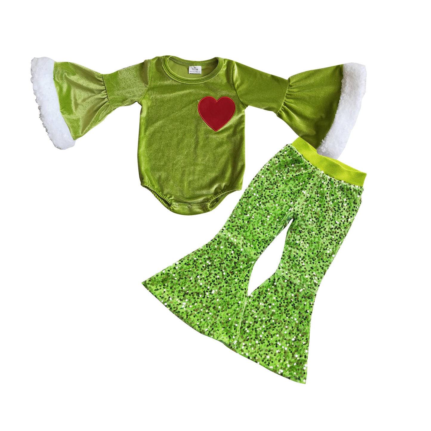 GLP0763 Baby Girls Green Heart Leotards Tops Sequin Bell Bottom Pants Clothes Sets