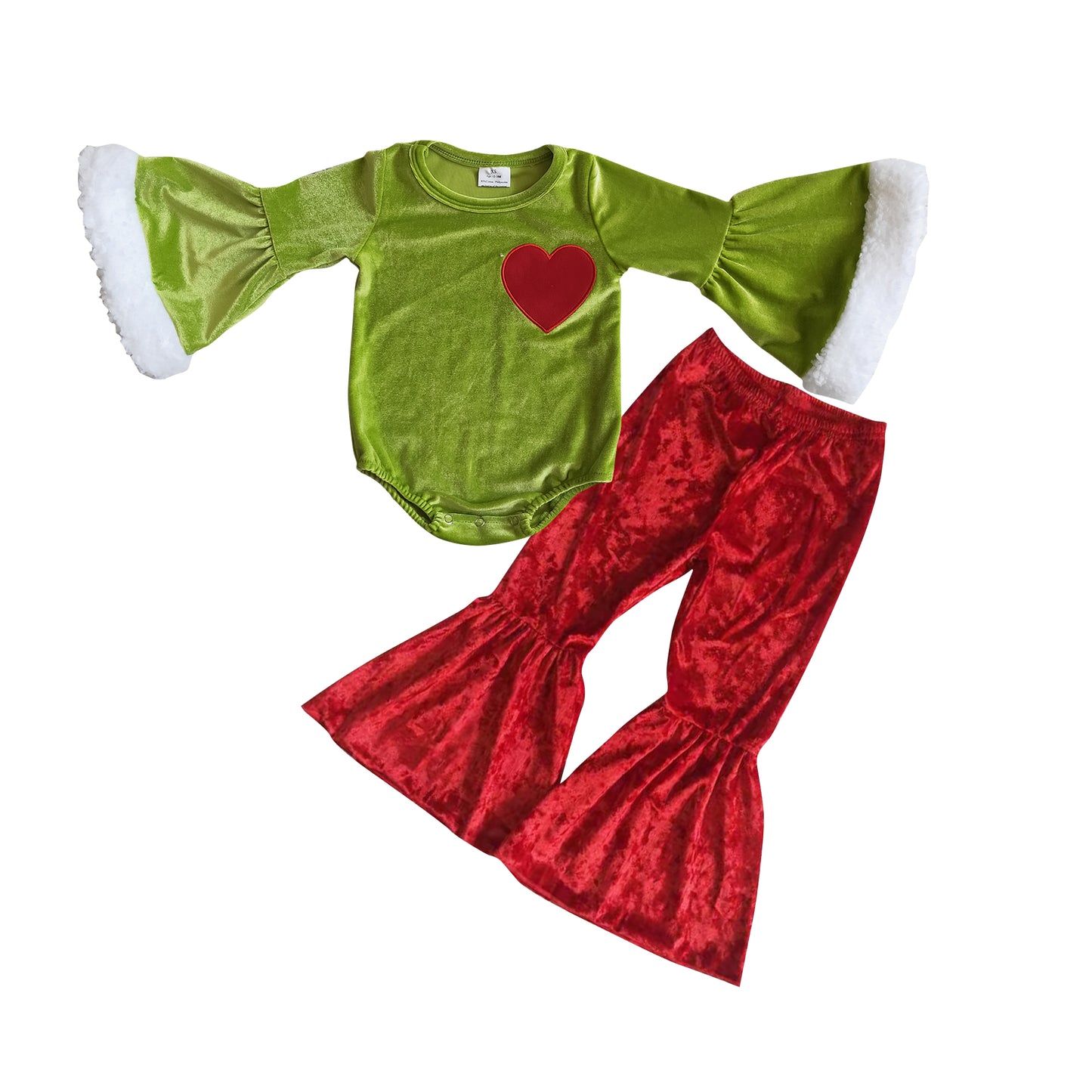 GLP0764 Baby Girls Green Heart Leotards Tops Red Bell Bottom Pants Clothes Sets