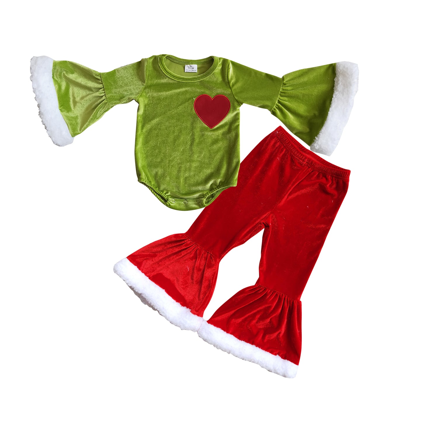 GLP0765 Baby Girls Green Heart Leotards Tops Red Fur Bell Bottom Pants Clothes Sets