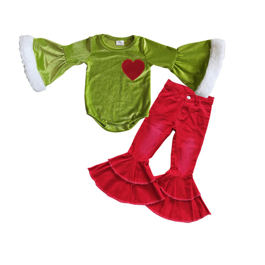 GLP0766 Baby Girls Green Heart Leotards Tops Red Denim Christmas Bell Bottom Pants Clothes Sets