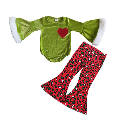 GLP0767 Baby Girls Green Heart Leotards Tops Leopard Denim Christmas Bell Bottom Pants Clothes Sets