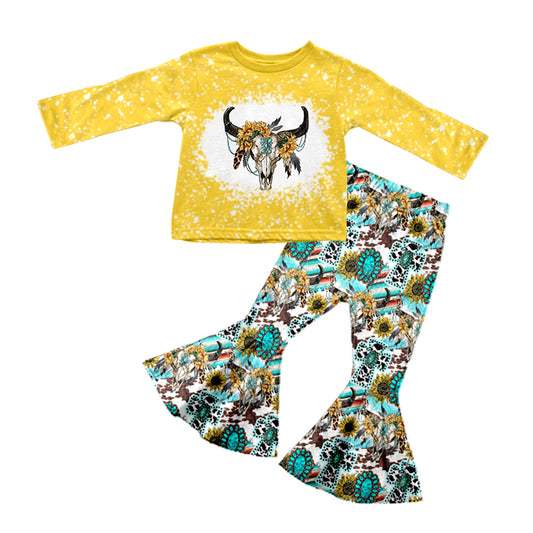 (Pre-order)GLP0771 Turquoise sunflowers print bell pants girls western clothes set