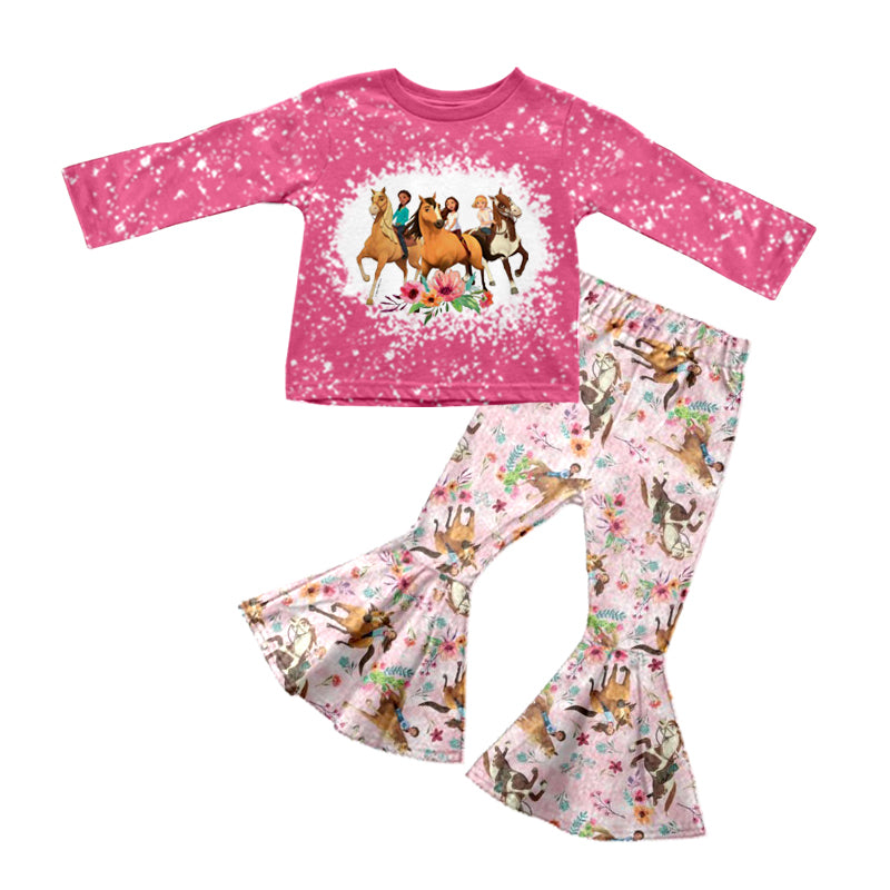 (Pre-order)GLP0772 Horse flowers print bell pants girls western clothes set