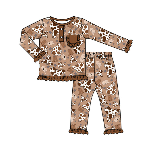 (Pre-order)GLP0773 Brown Cow Print Girls Pajamas Western Clothes Set