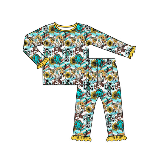 (Pre-order)GLP0774 Turquoise sunflowers print Girls Pajamas Western Clothes Set