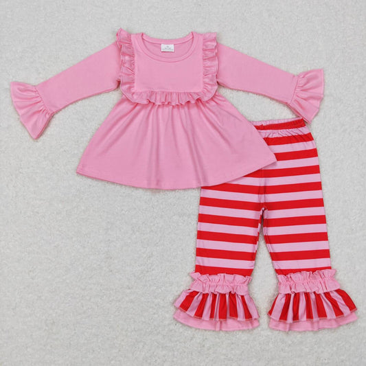 GLP0777 Pink Cotton Tunic Top Ruffle Pants Girls Valentine's Clothes Set