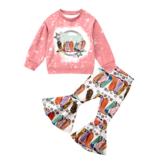 (Pre-order)GLP0782 Pink Howdy boots print bell pants girls western clothes set