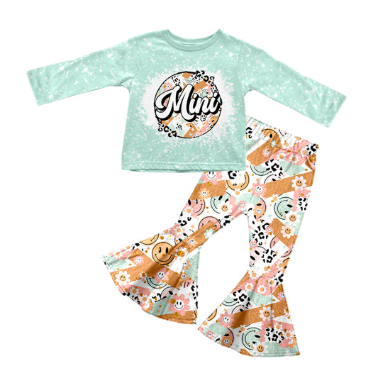 (Pre-order)GLP0783 Mini flowers smiling face print bell pants girls clothes set