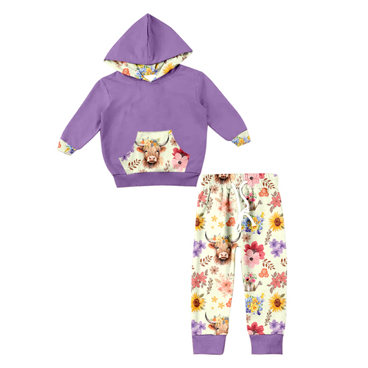 (Pre-order)GLP0785 Purple highland cow flowers print hoodie top girls western clothes set
