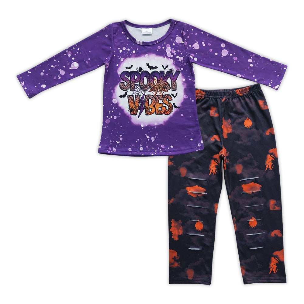 GLP0787 Purple Spooky Vibes top tie-dye hole black legging pants girls Halloween clothes set